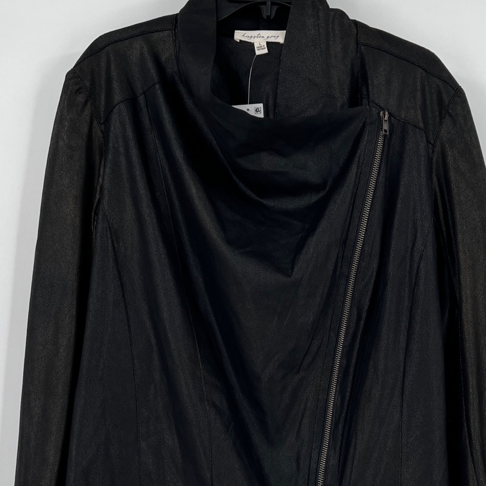 Kingston Grey Faux Leather Draped Jacket in Metallic Black Size Large NWT - Picture 4 of 11